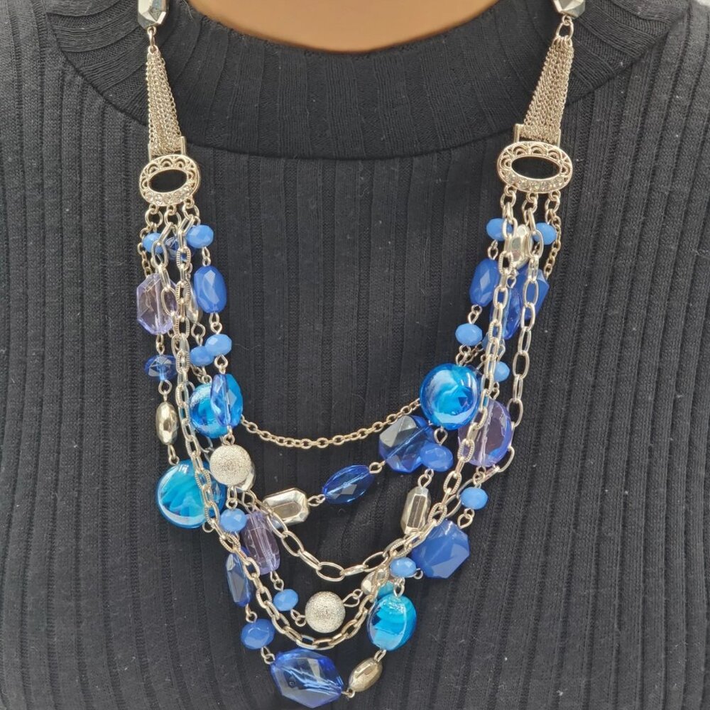 Multistrand Chain Statement Brilliant Blue Czech Beaded Necklace